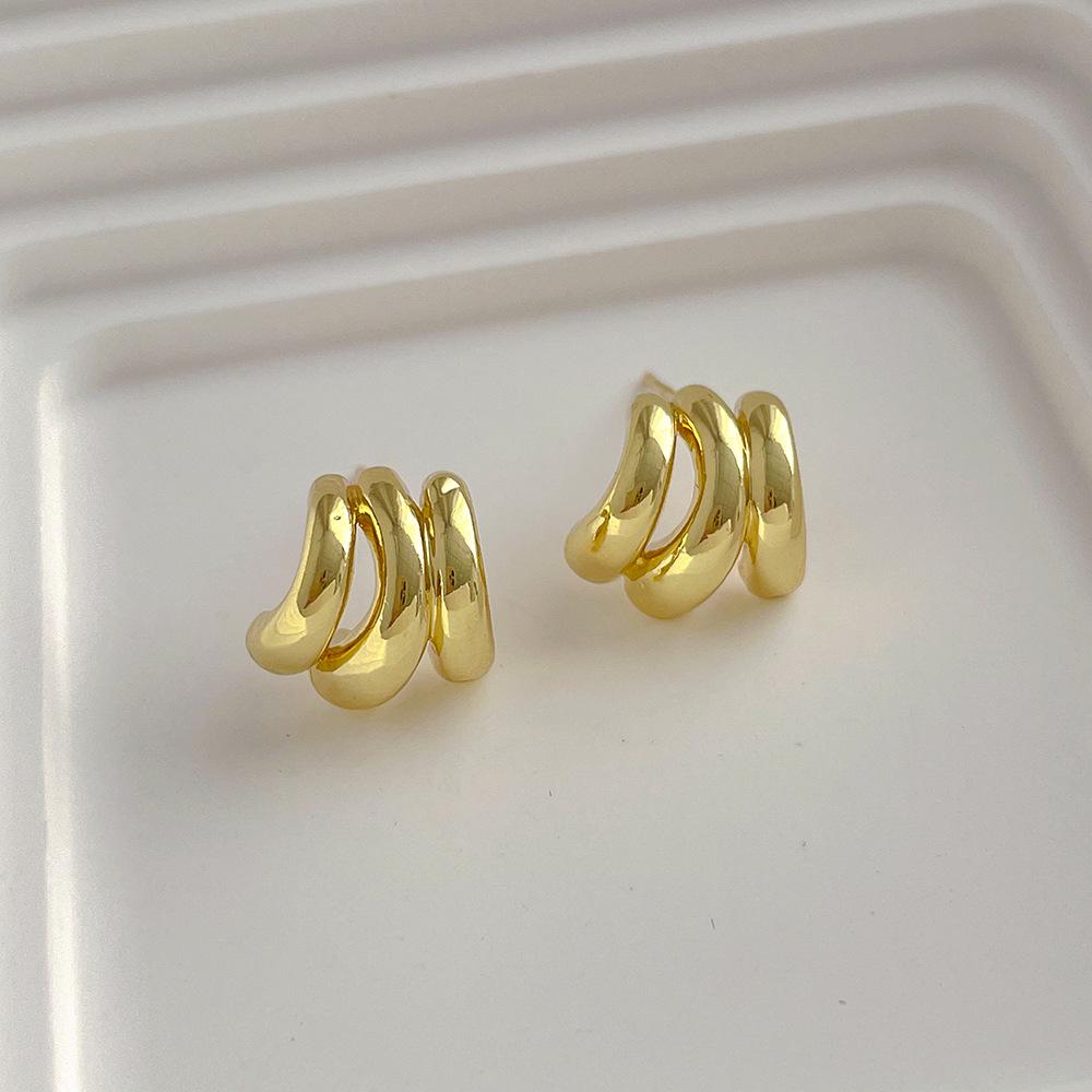 Korean Niche Design 14K Gold Triple-Layer Irregular C-Shaped Earrings with S925 Silver Needle
