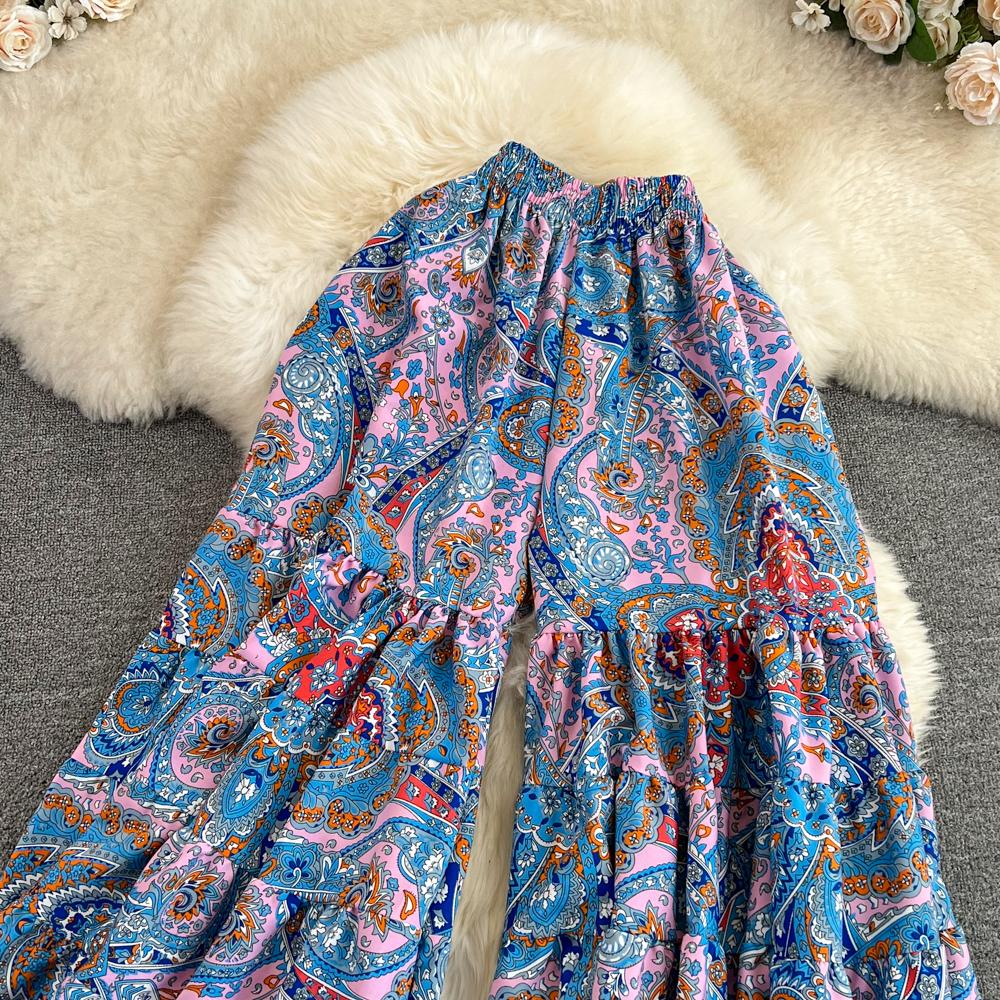 Summer Bohemian Vacation Beach Pants Elegant High Elastic Waist Wide Leg Printed Trouser Casual Flare Fladas New Fashion