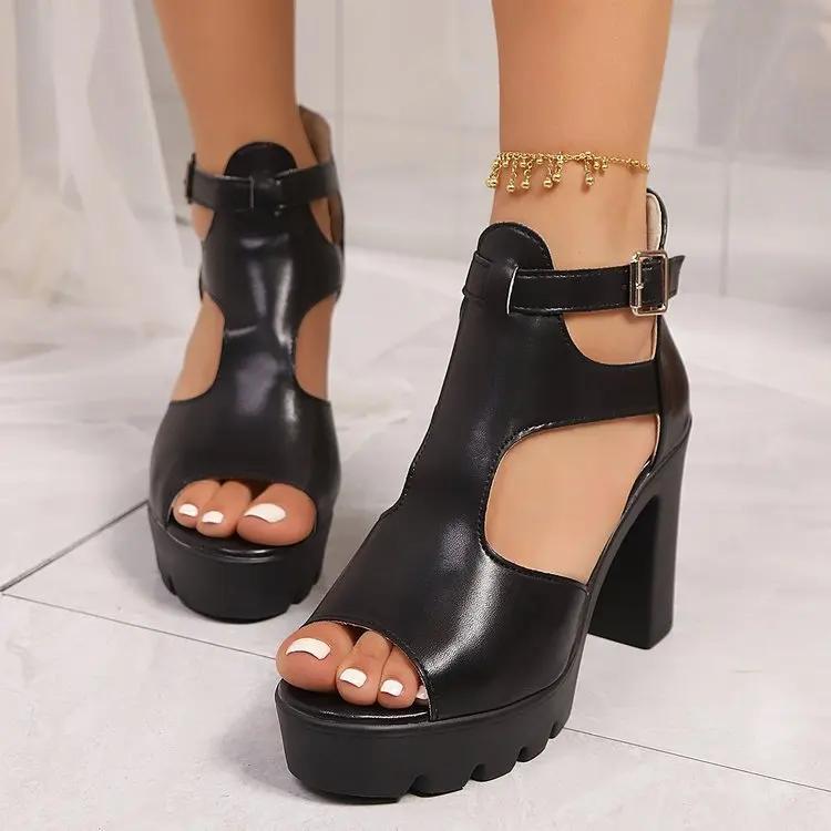 Women Summer Peep Toe Sandals Chunku High Heels Solid Fashion Women's Shoes Platform Belt Buckle Heeled Sandales Femmes