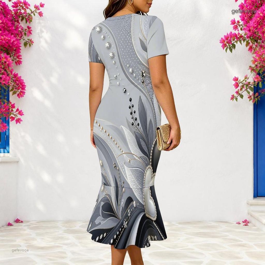 Women Plus Size V Neck Short Sleeve Black Green Gold Printed Fitted Fishtail Dress