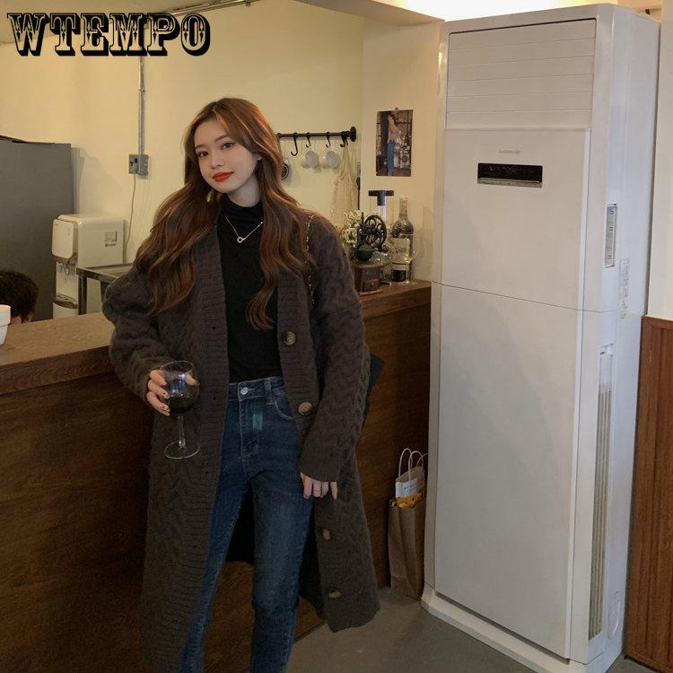 WTEMPO Женские длинные вязаные свитера, кардиганы, осенние женские повседневные топы большого размера с длинным рукавом, толстые однотонные свободные пальто