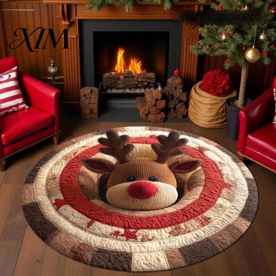 Holiday Party Floor Decoration Christmas Round Rug, 3D Illusion Mat, Winter Carpet, Soft Gnome Deer Crystal Velvet Mat Santa House Festive Rug