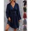 Ladies Autumn Diagonal Collar Lantern Sleeve Pleated Waist Dress