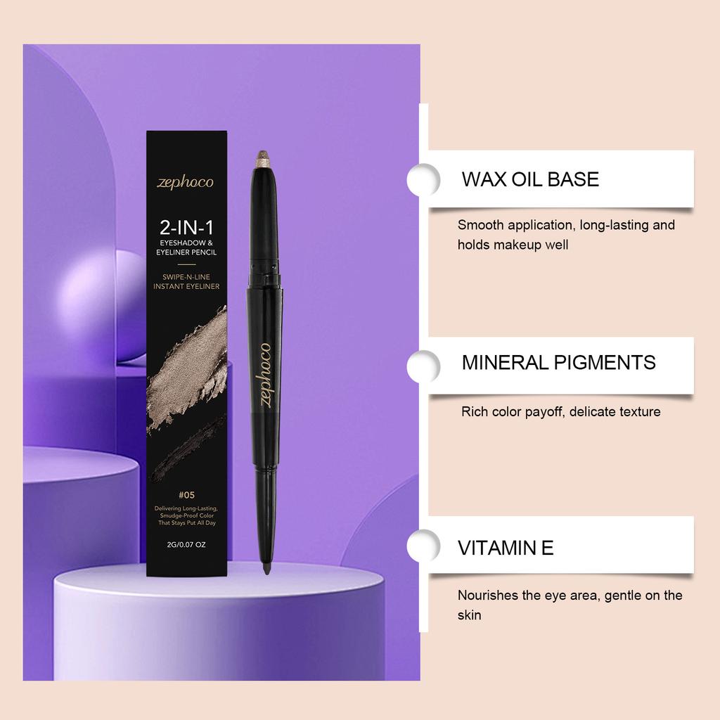 Zephoco Dual-Ended Eyeshadow Eyeliner Pen Metallic Silver Black Quick Dry Smooth Glide Waterproof Long-Lasting 2 Pack