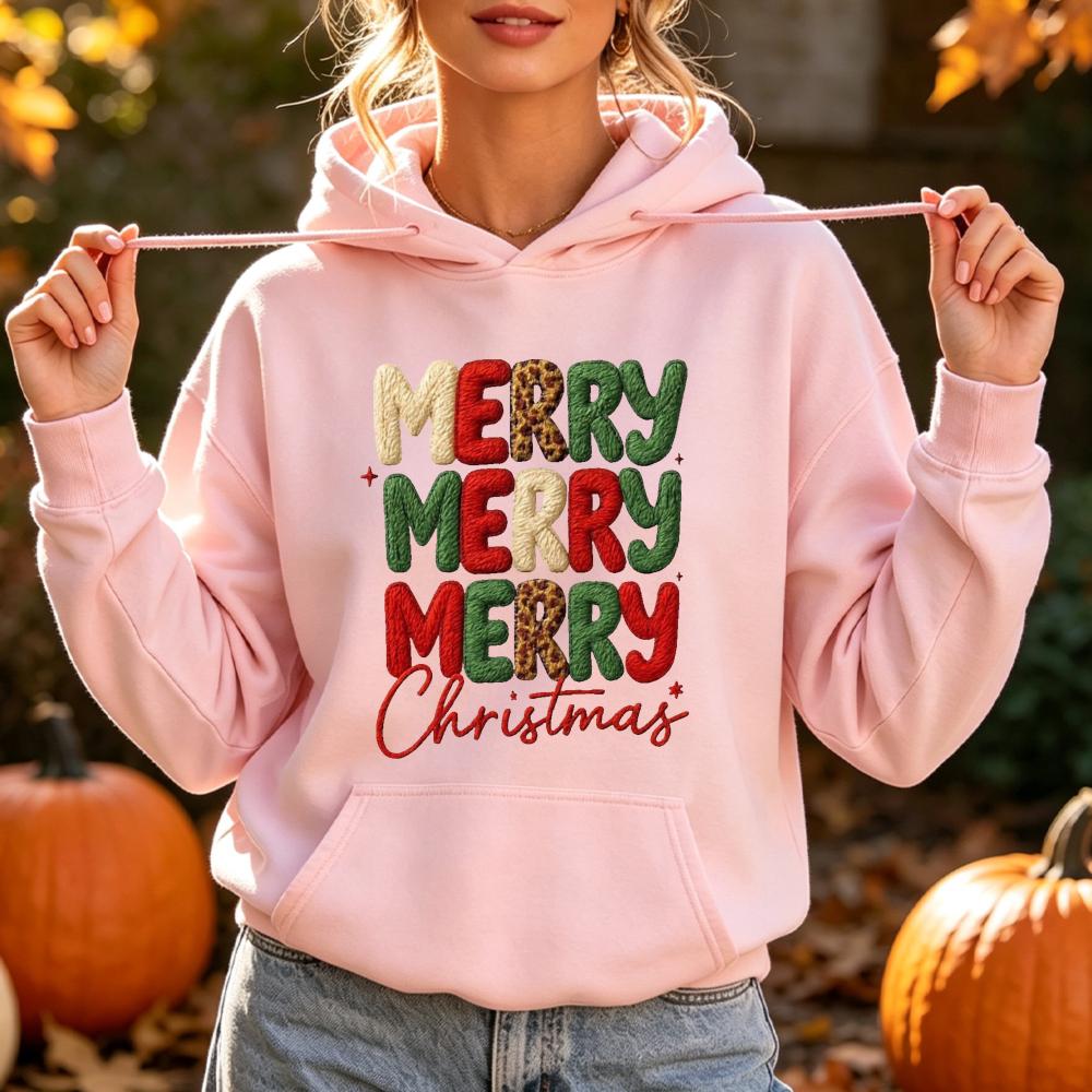Merry Christmas Leopard Letter Print Hoodies Women Autumn Winter Holiday Festive Graphic Pocket Hooded Sweatshirt Outerwear