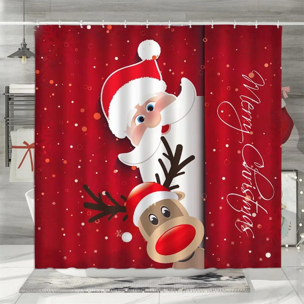 Christmas Shower Curtain, Winter Holiday Farm Snowman Santa Claus Christmas Tree Farmhouse Christmas Balls Bathroom Decoration