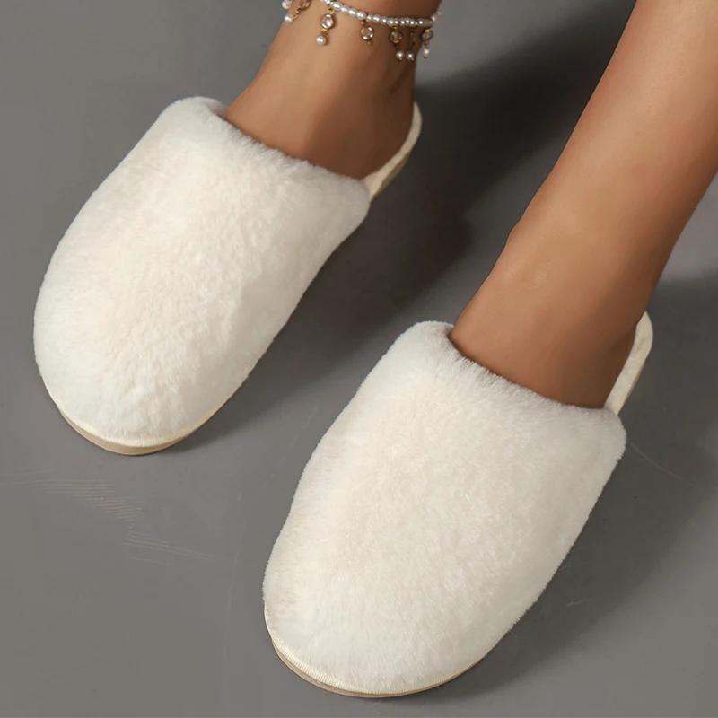 2024 Soft Sole Home Plush Slippers Autumn Winter Indoor Anti-slip Cotton Slides White Furry Bedroom Flip Flops Plus Size 42-43