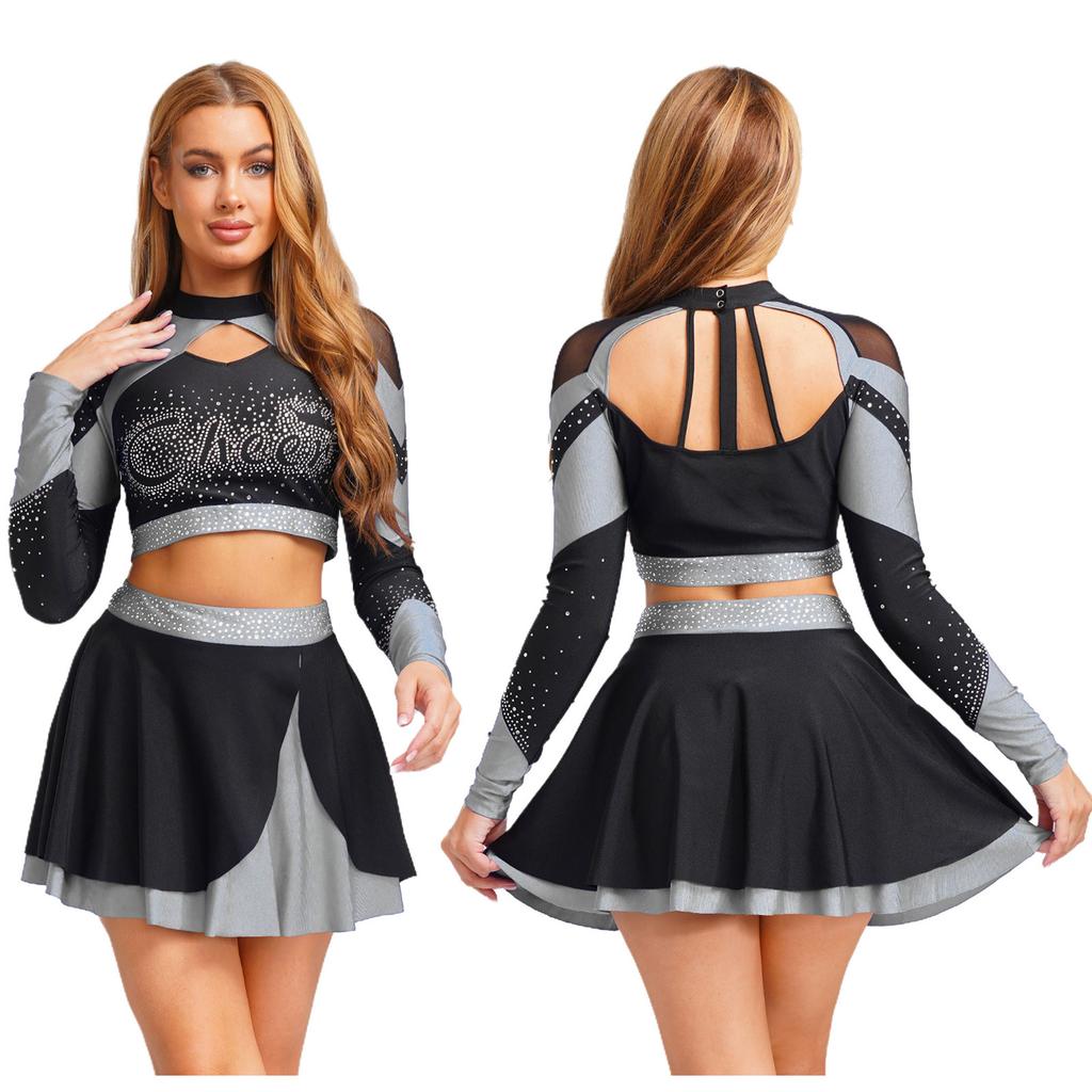 Комплект из 2 предметов: форма для танцев и черлидинга для женщин S-XXL: Привлекающий внимание топ со стразами и контрастная юбка для сцены или Хэллоуина