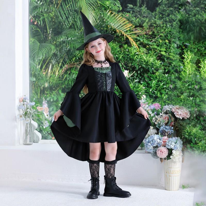 Halloween Witch Costume Girls Mom Matching Set Long Sleeve Dress With Accessories Cosplay Outfit Kids Party