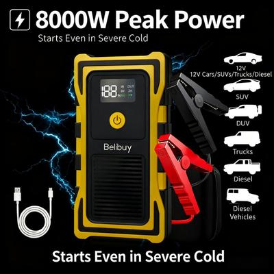 Пусковое устройство для автомобиля 2000А, Power Bank и аварийный светодиодный фонарь для всех дизельных/бензиновых автомобилей 12В с цифровым дисплеем