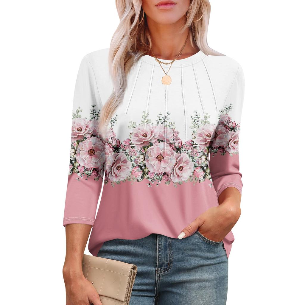Women's Fashionable Round Neck 3/4 Sleeve Printed Casual Basic Pleated Pullover T-shirt Top