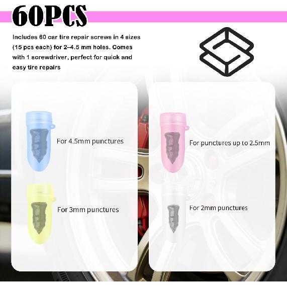 2026 Upgraded 60PCS Screw in Tire Plugs,Self-Service Tire Plugs Kit with Screwdriver for Emergency Tires Repair,Universal Tires Repair Rubber Nail