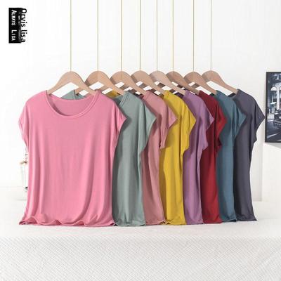 Женская свободная футболка из модала: Плюс размер, Круглый вырез, Короткий рукав, Однотонный, Летний топ для мам