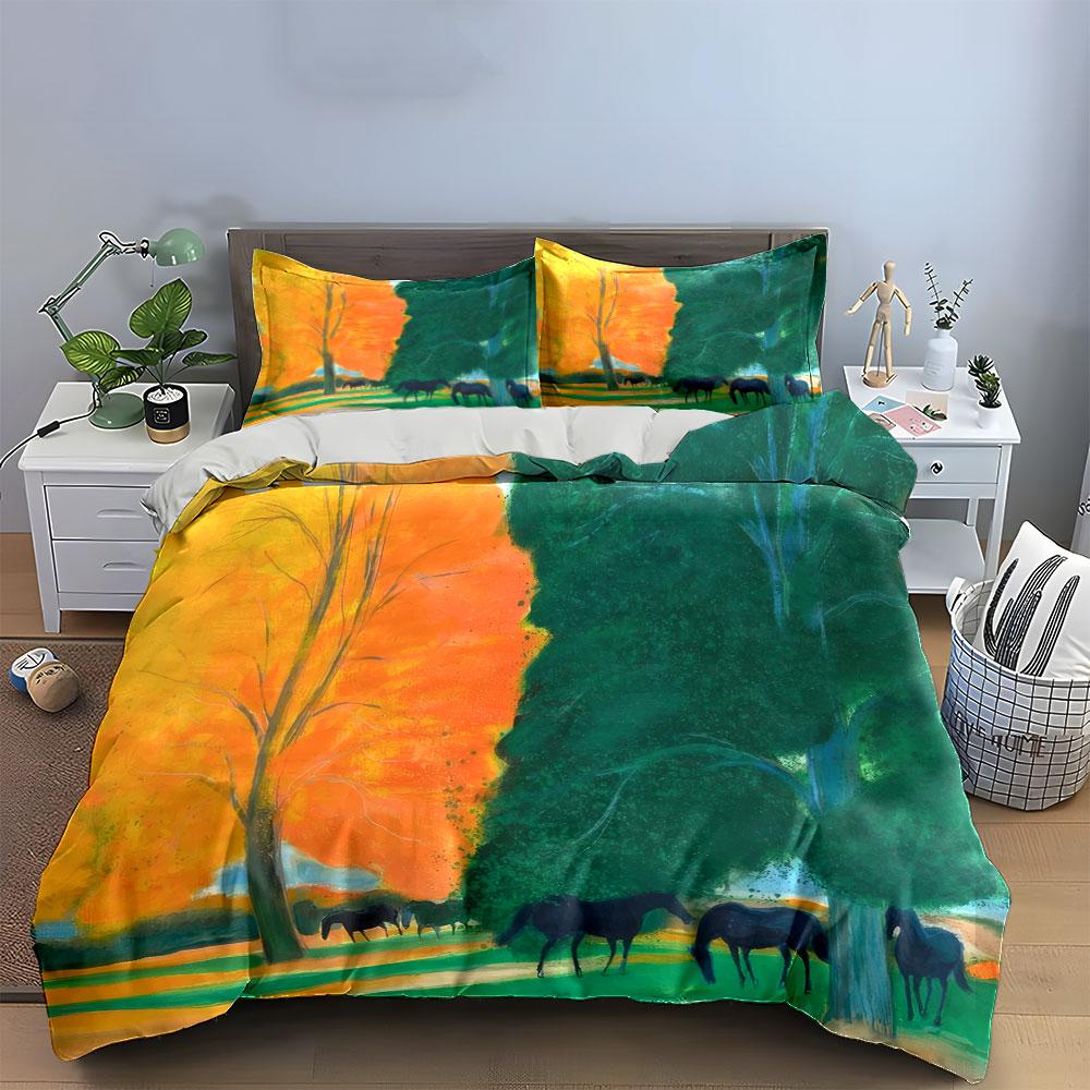 Autumn Forest and Grazing Horses kid's and adults' bedroom decor, Exquisite three-piece bedding set gift