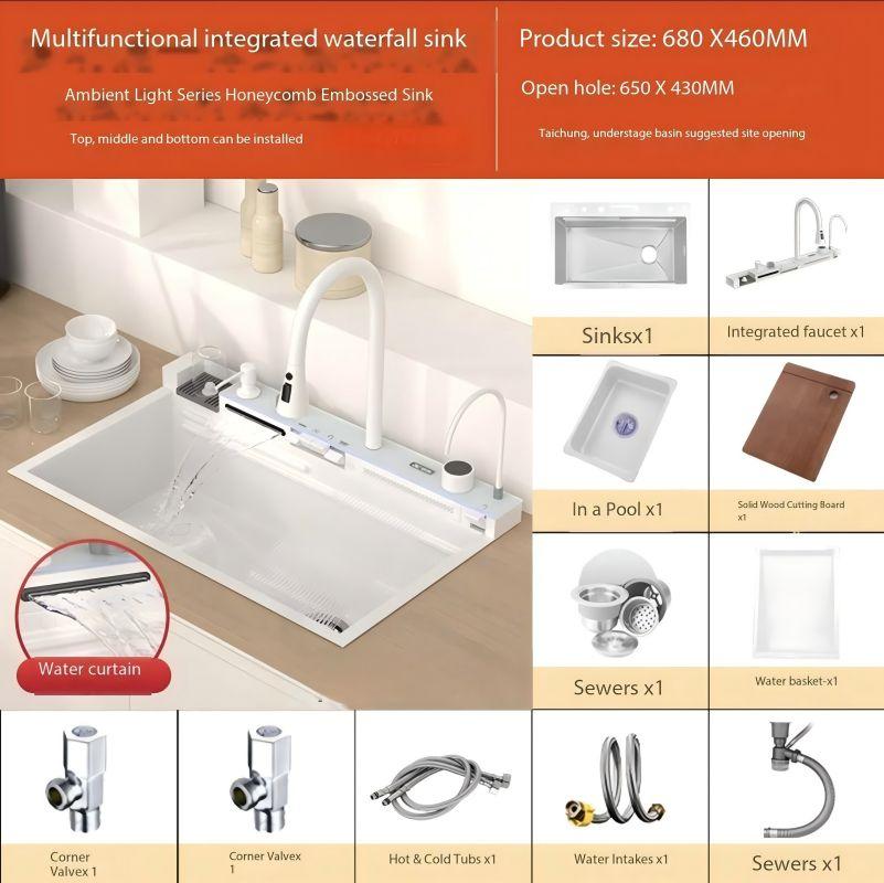 Белая кухонная раковина Nano с одним слотом, встроенный цифровой дисплей, кран с водопадом, дозатор мыла, чашка, мойка, чистый кран