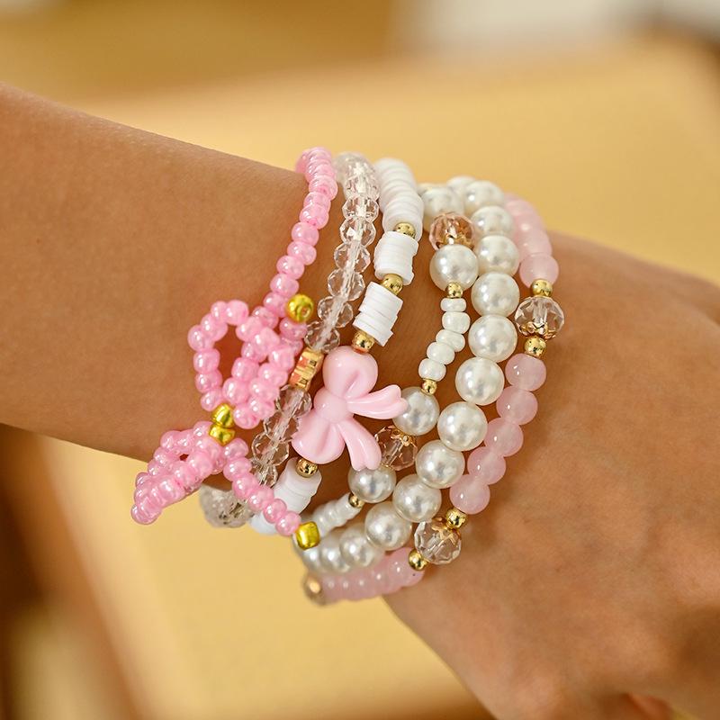 Sweet Pink Heart Bow Pearl Bracelet Set for Women
