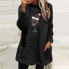 Women's Christmas Red Wine Glass Print Plush Hoodie with Pockets - Round Neck, Long Sleeve, Loose Fit (2024)