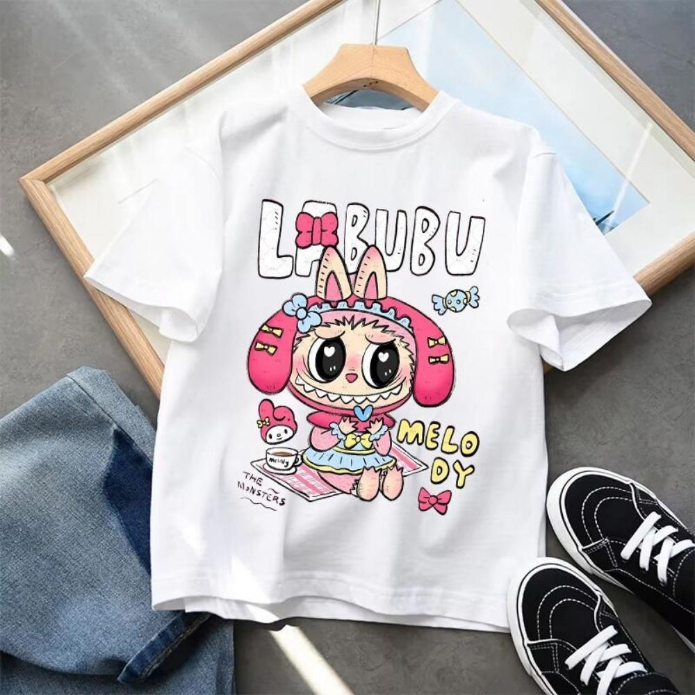 Мультяшная детская футболка с коротким рукавом Labubu, повседневный топ, унисекс, летний, с круглым вырезом, с принтом, одежда для девочек