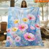 1pc 2D Flat Printing Spring And Summer New Arrival Dreamy Pink Yellow Floral Pattern Digital Print Blanket, Throw, Soft And Comfortable 100% Fiber, Al