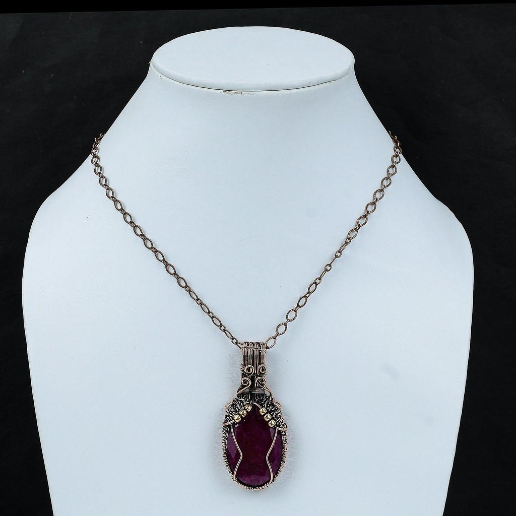 Кулон с ограненным кашмирским рубином, обернутый медной проволокой, подвеска из драгоценных камней, обернутая проволокой, ювелирные изделия из кашмирского рубина, ручная работа, медные украшения для подарка