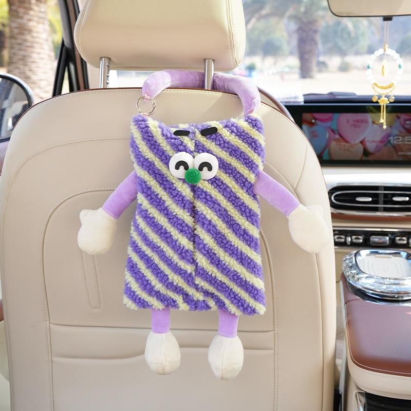 Cute Little Monster Striped Plaid Seat Back Hanging Car Tissue Box For Home Use