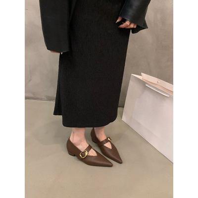 Туфли-лодочки черные с острым носком на плоской подошве женские туфли 2024 новая летняя французская низкий каблук темперамент Мэри Джейн маленькие кожаные туфли