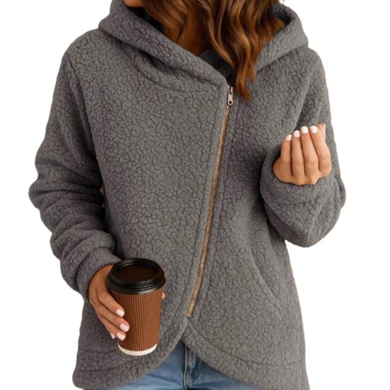 Women's Fleece Jacket Oblique Zip Up Long Sleeve Sherpa Coat Fuzzy Hooded Jacket