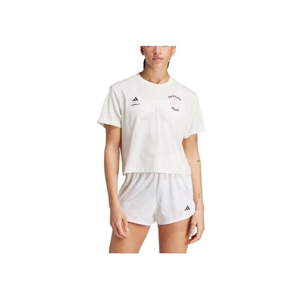 Adidas X Les Mills A Fitter Planet Printed Loose Fitness T-Shirt Women Tops Pink White JJ3160