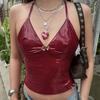 High Street Sexy Babes Chic Beauty Back Camisoles American Style PU Glossy Backless Cropped Trim Tops Fashion V-neck Red Vest