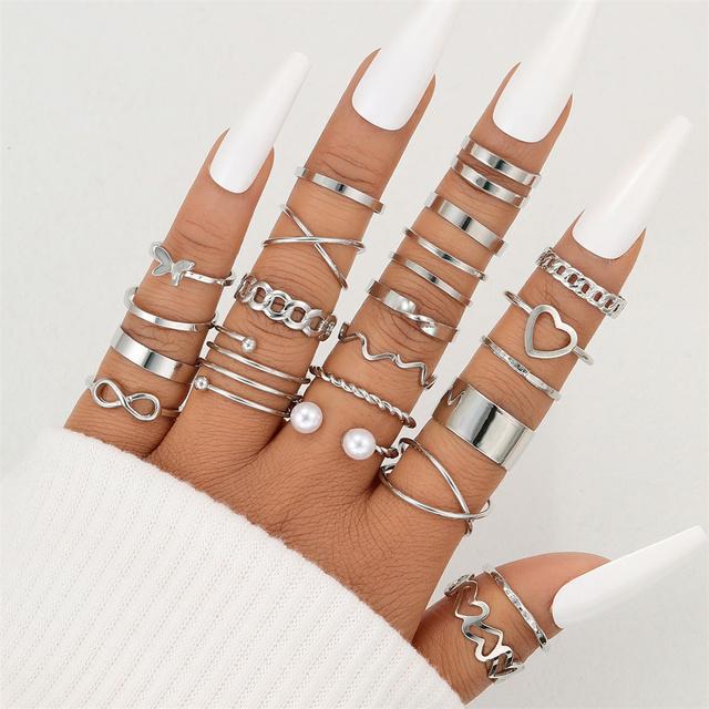 Vintage Hollow Heart Butterfly Rings Set For Women Silver Color Metal Geometric Cross Pearl Finger Ring Trendy Jewelry