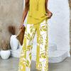 Suit women's summer casual solid color elegant printed sleeveless top + small floral printed wide-leg trousers