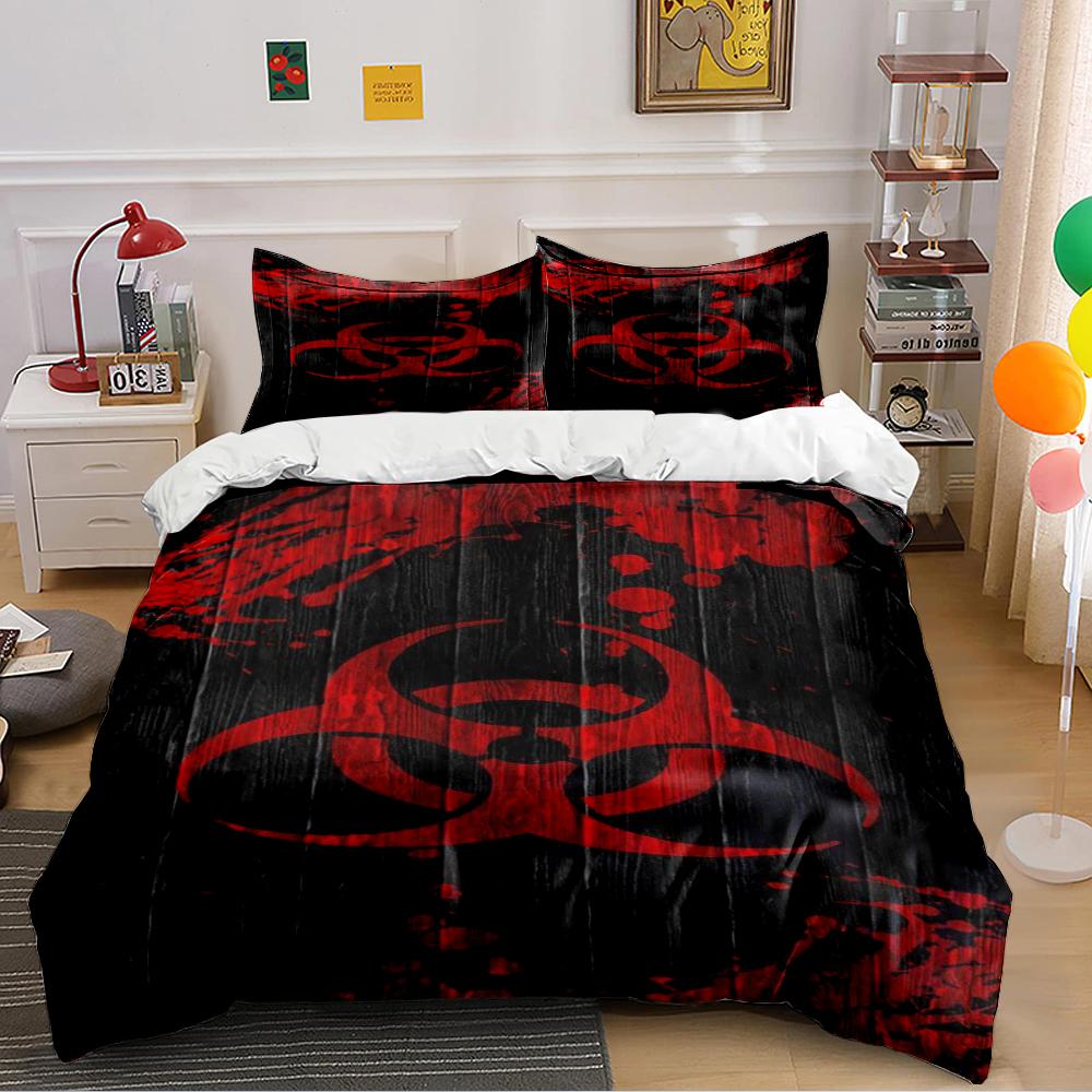 Red Biohazard Symbol on Black Wood Style Bedding Set (1 duvet cover, 2 pillowcases, duvet not included) sofas