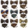 New Design Business Wedding Party Bowtie Men Black Gold Paisley Silk Bow Tie Pocket Square Brooch Pin Set Butterfly Tie
