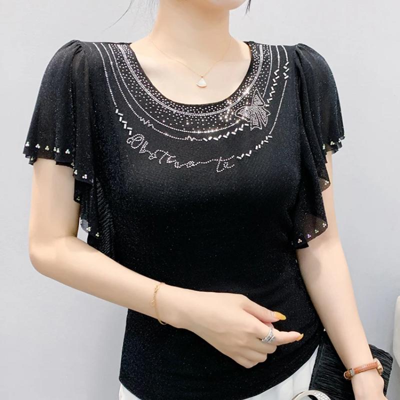 Летняя Новая Элегантная Футболка из Сетки с Короткими Рукавами и Круглым Вырезом Модные Рюши Горячие Бриллианты Женские Футболки Шикарные Рукава-Бабочки Повседневные Топы