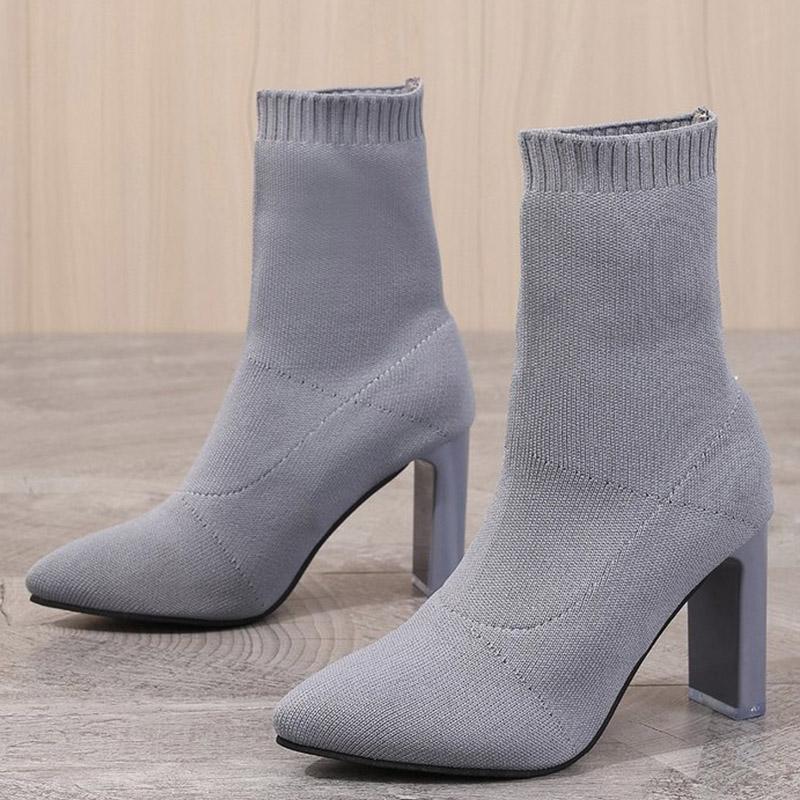 SyfIyno Новые винно-красные черные женские ботинки с острым носком, эластичные вязаные короткие весенне-осенние туфли, элегантные туфли на высоком каблуке