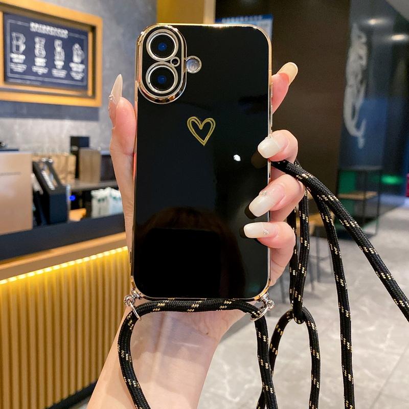 Мягкий чехол TPU с принтом в виде сердца для iPhone 16 Pro Max 15 Pro 14 Pro 13 12 11, ремешок через плечо, противоударный, защита линз, глянцевый чехол для телефона
