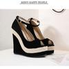 Aneikeh/летняя женская обувь, сандалии на платформе, сандалии-гладиаторы из флока, модные туфли на танкетке с пряжкой и ремешком, вечерние черные туфли на каблуке с круглым носком, размеры 35–42