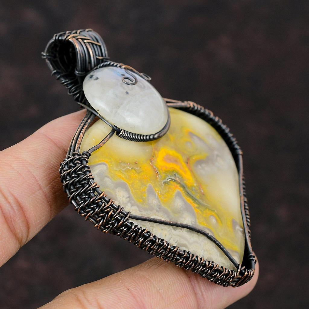 Bumble Bee Jasper Pendant Rainbow Moonstone Pendant Copper Wire Wrapped Pendant Bumble Bee Jasper Copper Jewelry Gemstone Handmade Pendant