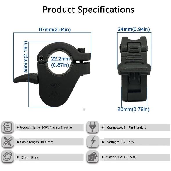 Ebike Thumb Throttle, 12V 24V 36V 48V 60V 72V 3 Pin SM Plug Ebike Throttle for 22mm Handlebars, 300X Left and Right Speed Accelerator, Electric