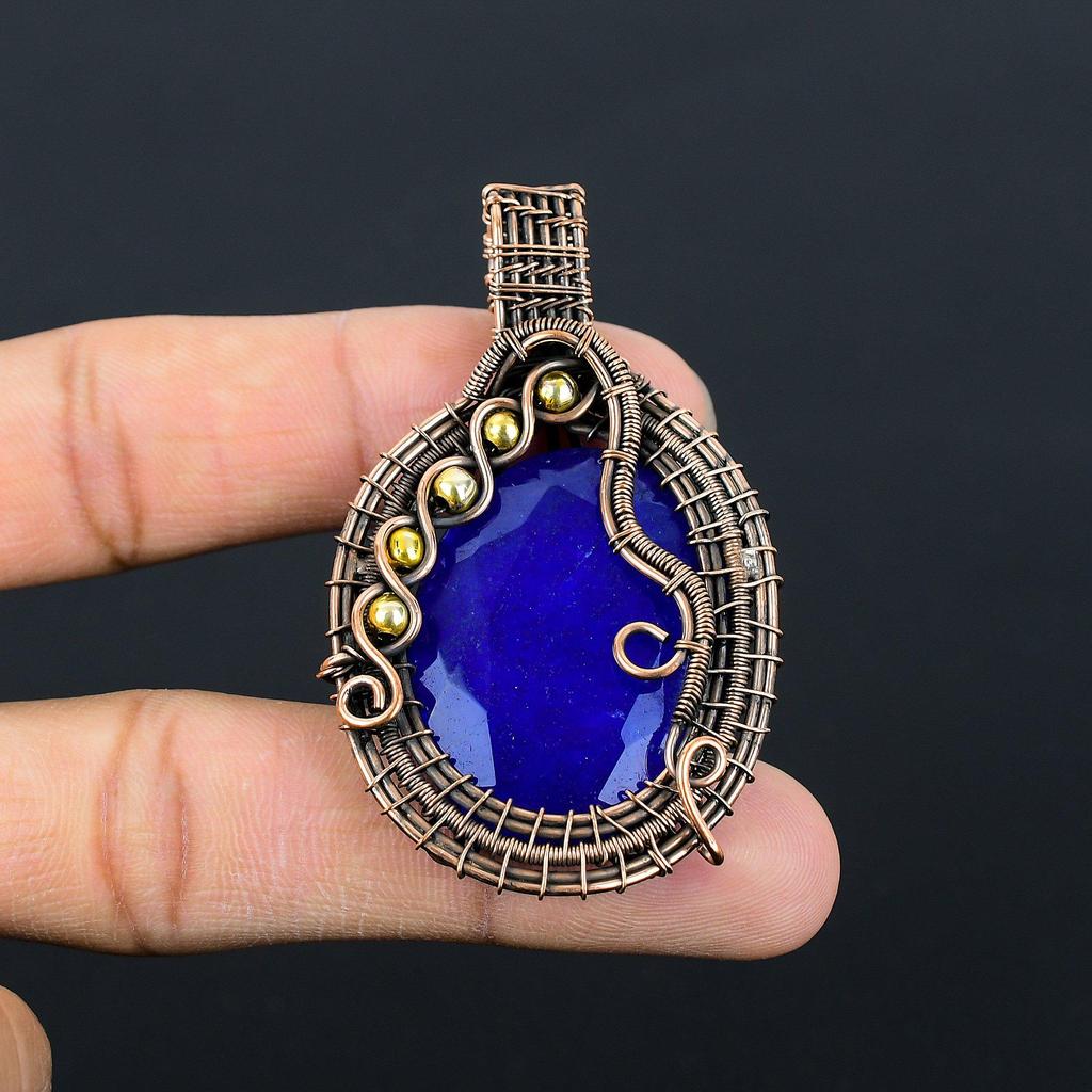 Созданный в лаборатории синий сапфир, ювелирные изделия, подвеска ручной работы из чистой медной проволоки, обернутая драгоценными камнями
