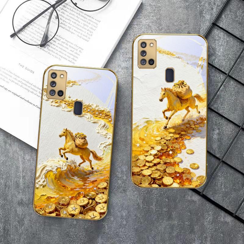 Золотая скачущая лошадь Для Samsung A 31 32 A33 A34 35 14 A15 13 A16 25 26 50 52 53 54 55 56 70 71 72 73 Золотой стеклянный чехол для телефона
