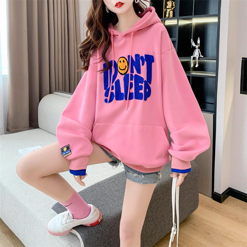 Women's Hooded Long Sleeve Oversized Casual Top Color Block Denim Splicing Letter Print Loose Fashion Hoodie Blouse