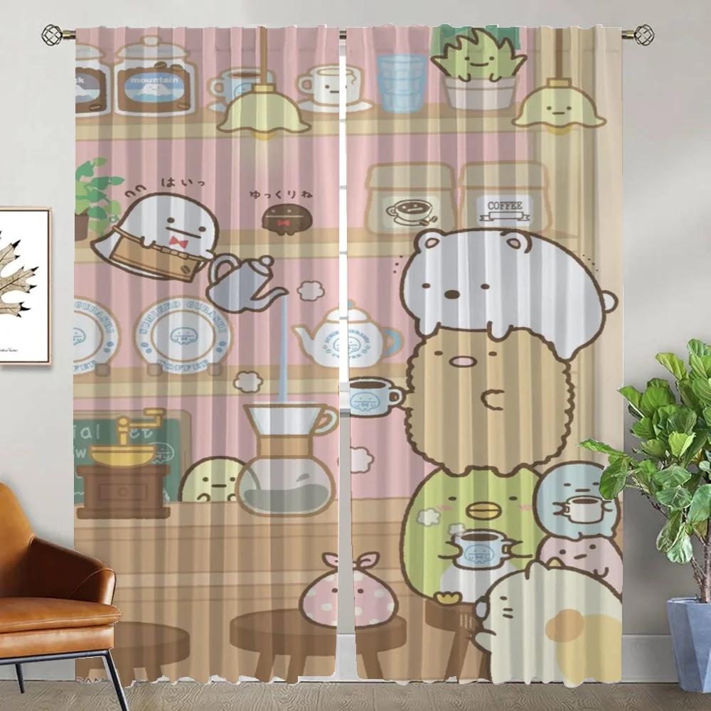 Набор из 2-х тюлевых штор для спальни Sumikko Gurashi, шторы для гостиной, кухонные занавески, декорация на Хэллоуин, перегородка, затемняющие, полиэстер, идеально подходят для