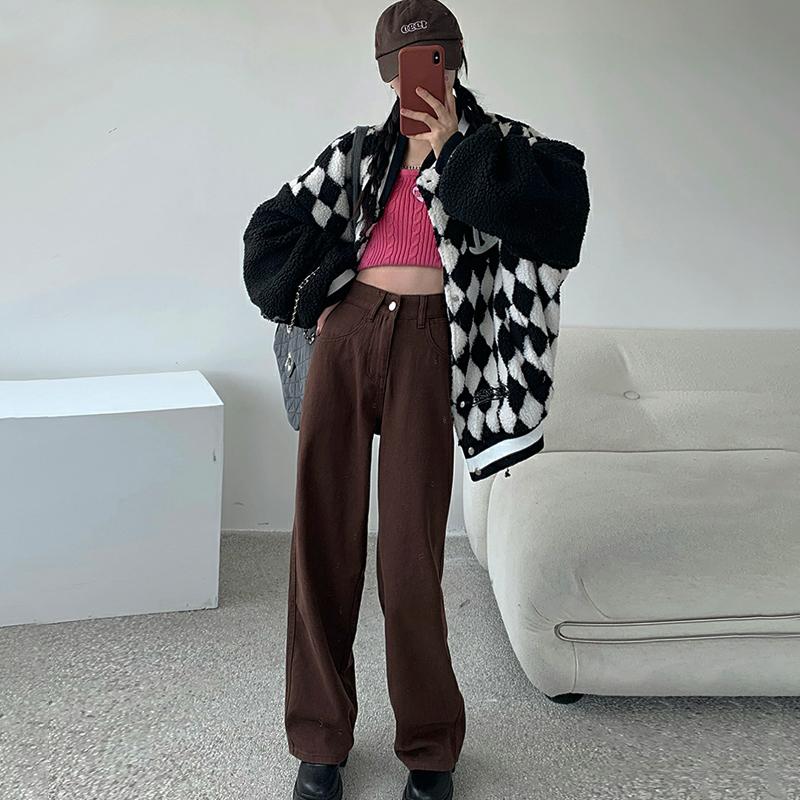 Коричневые джинсы, женские летние мешковатые прямые широкие брюки с высокой талией, женские повседневные уличные брюки Y2k, винтажные джинсовые брюки