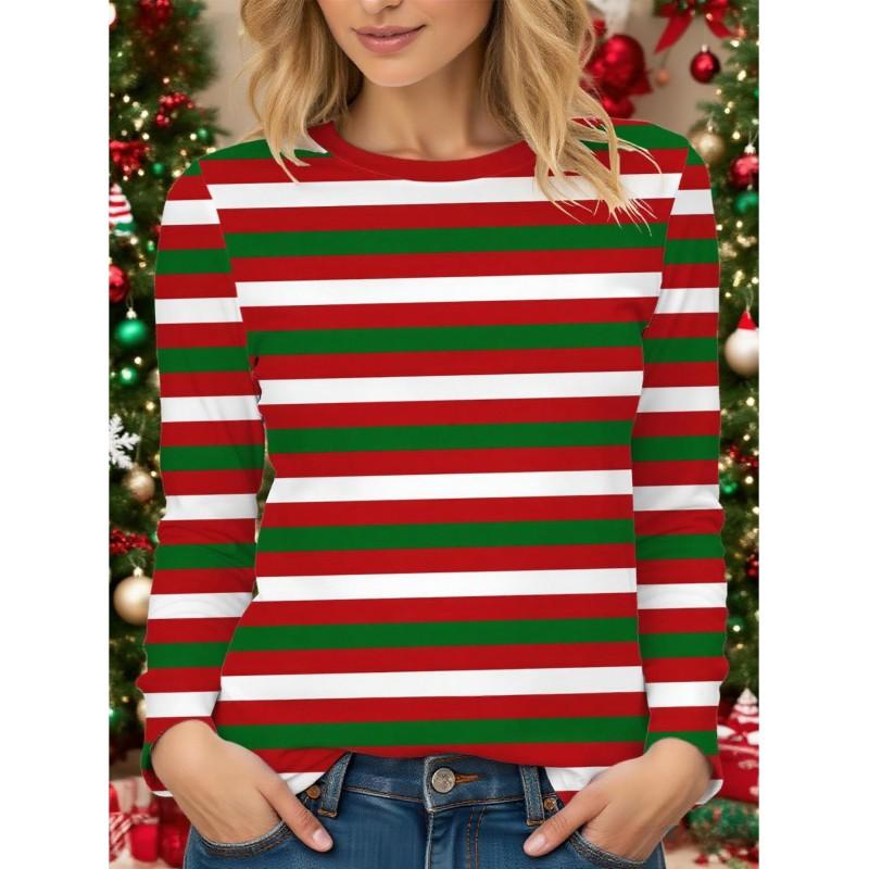 Womens Long Sleeve Loose Fit Christmas Tree Print T-Shirt Casual Round Neck Tee 2025 Fall