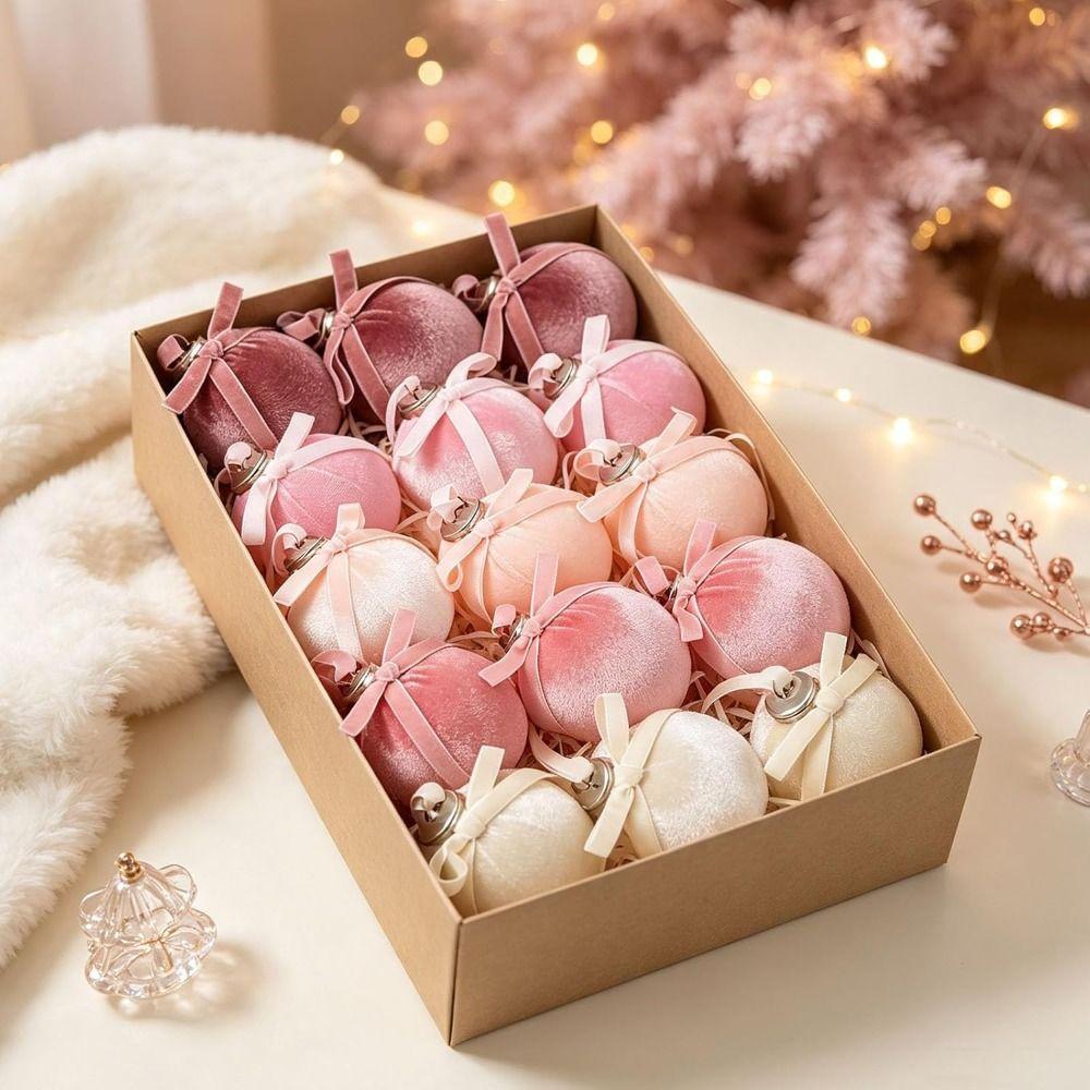 15pcs Velvet Christmas Ornaments Christmas Ball Ornaments Soft Plush Texture Ribbon Bow Ornaments