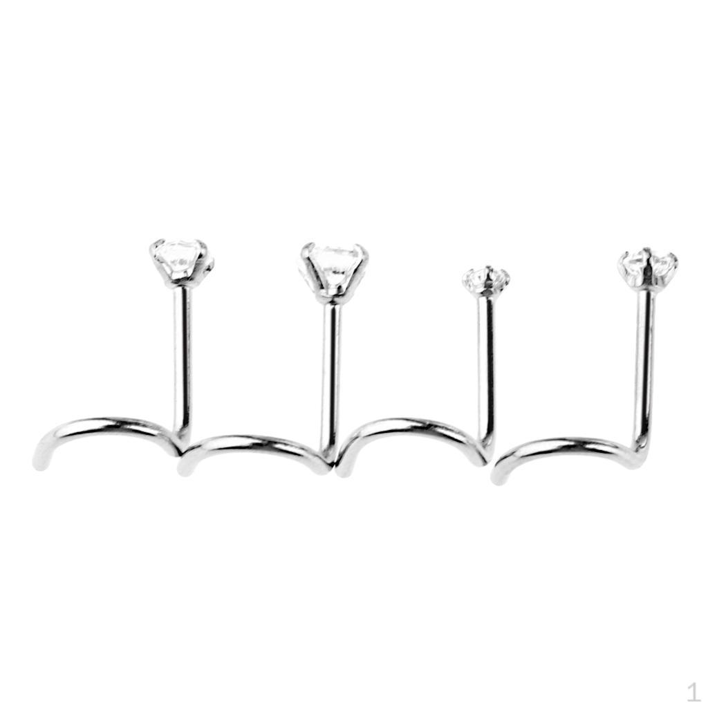 4 Pieces Stainless Steel Clear Zircon Crystal Screw Curved Nose