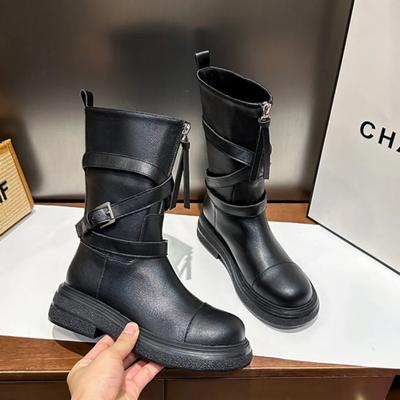 Женские рыцарские сапоги Женские туфли с передней молнией Кожаные промежуточные подошвы Мотоциклетные сапоги Весенние и осенние короткие сапоги Botas De Mujer