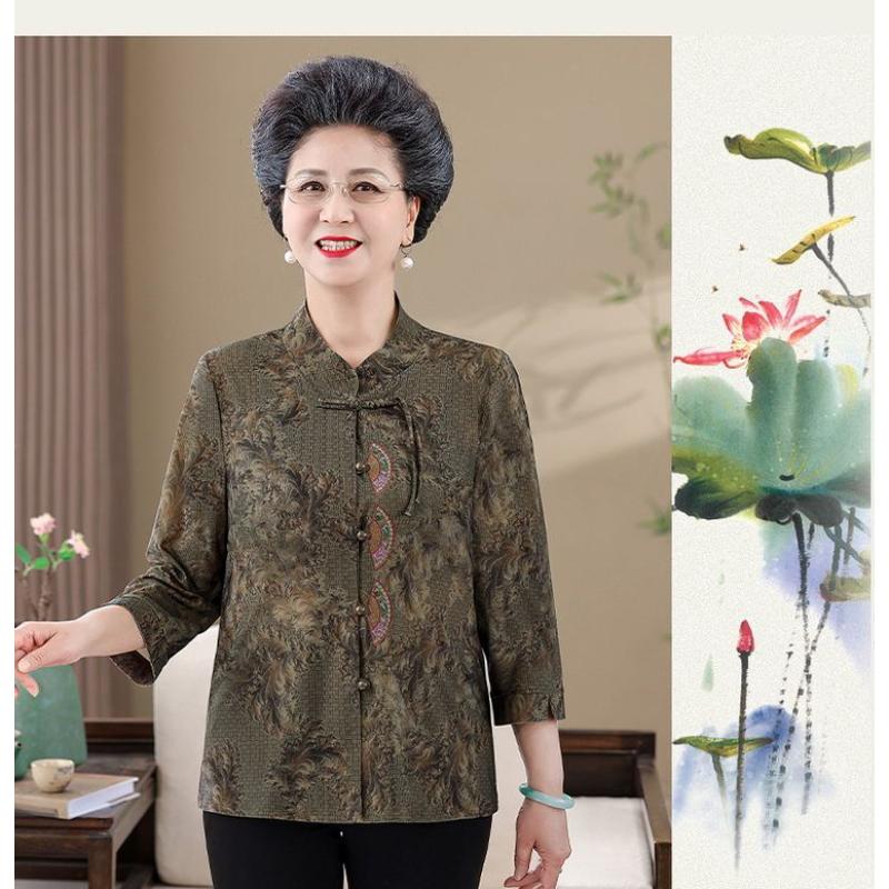 Блузка в китайском стиле с воротником-стойкой для женщин среднего возраста, элегантная повседневная блузка с принтом, с коротким рукавом