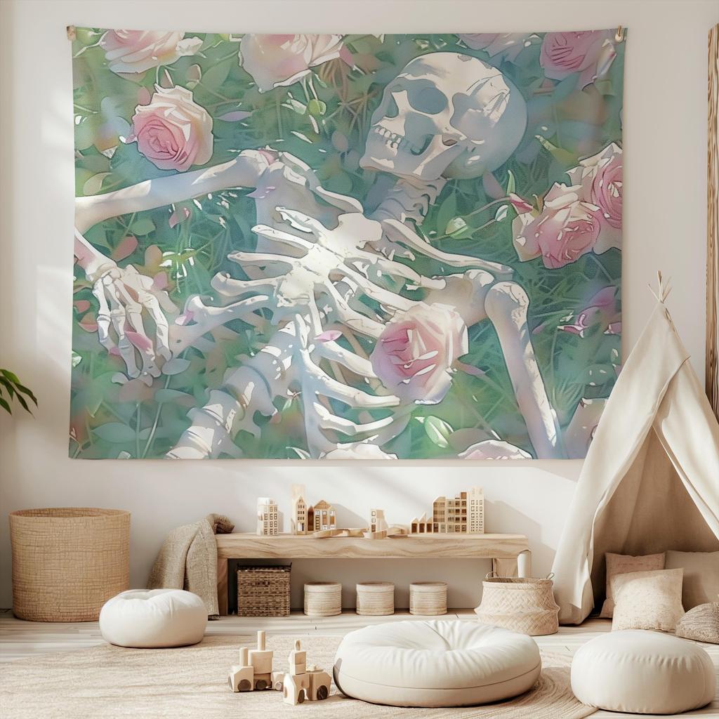 Sweet Cool Style Skeleton Rose Tapestry Background Cloth Living Room Dark Style Decoration Room Decoration